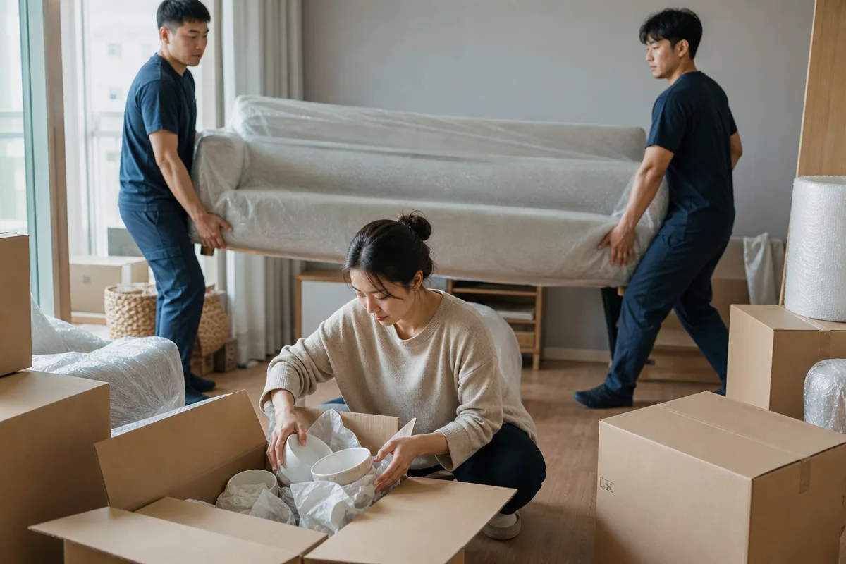 포장이사와 달리 고객이 주방 잔짐을 포장하고 가구는 업체가 옮기는 모습