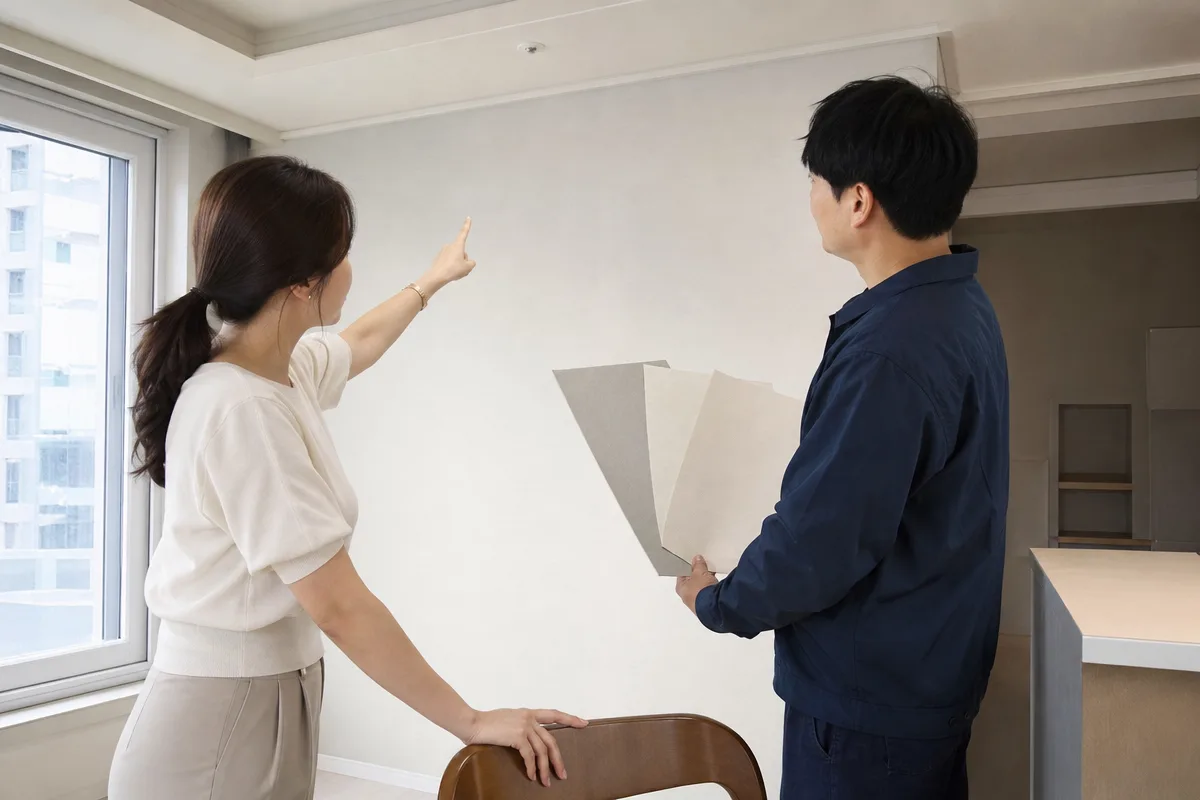 한 면 벽과 천장을 보며 벽지 견본을 비교하는 부분도배비용 상담 모습