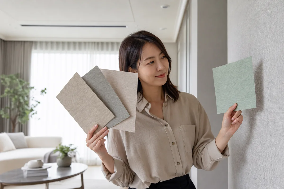 수원도배 상담을 위해 거실에서 무지 벽지 견본을 비교하는 모습