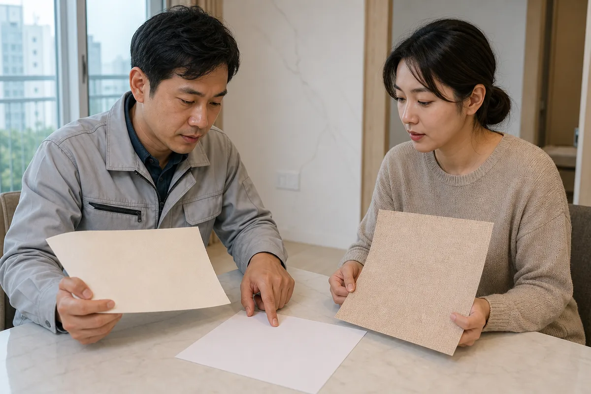 대전도배 견적 비교를 위해 벽지 샘플과 빈 견적서를 살피는 모습