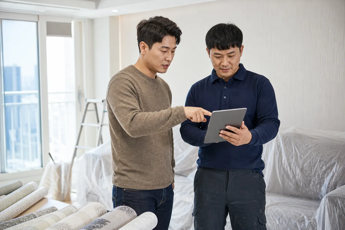 가구를 덮은 실내에서 태블릿으로 부분도배비용 견적 항목을 확인하는 모습