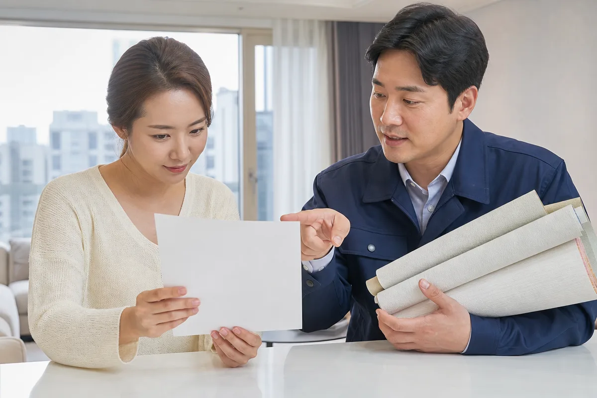 대전도배 계약 전 빈 계약서와 벽지 견본을 확인하는 소비자와 시공 전문가