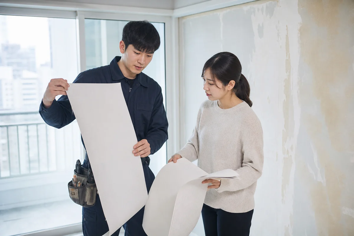 동탄도배 견적 비교를 위해 벽면 보수 상태와 벽지 샘플을 살피는 모습