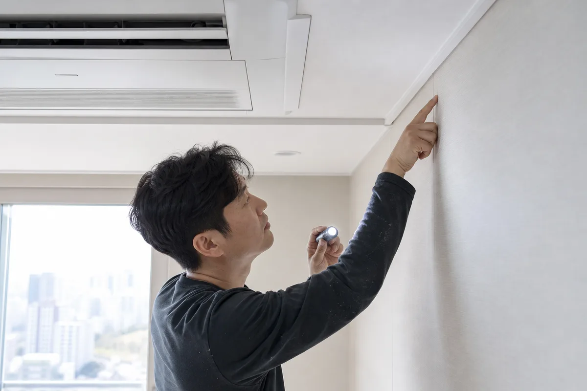 동탄도배 시공 뒤 작업자가 시스템에어컨 주변 벽지 이음새와 들뜸을 점검하는 모습