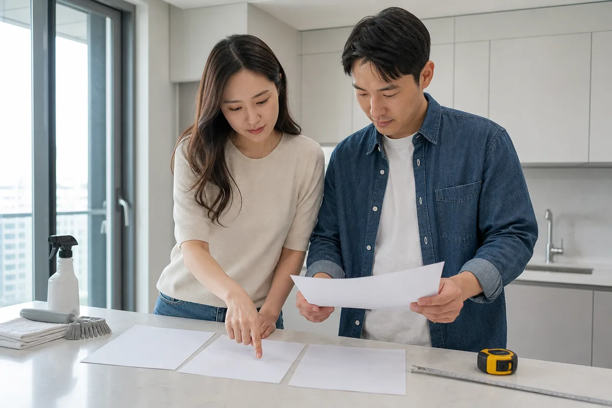 빈 아파트에서 전주입주청소 견적서 세 장을 항목별로 비교하는 부부
