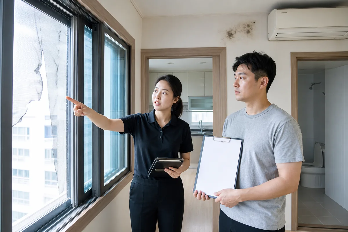 인천입주청소 전 외창과 방충망 에어컨 곰팡이 옵션을 확인하는 모습