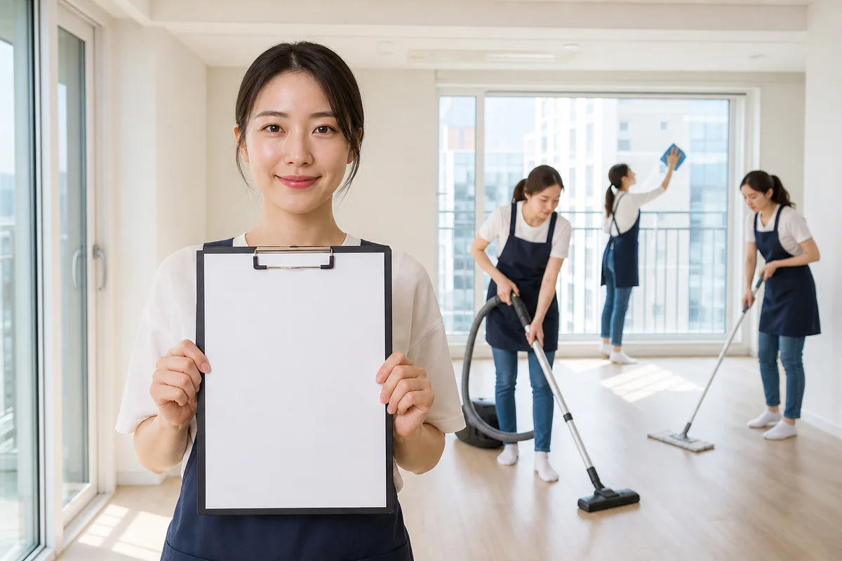 광주입주청소 전 빈 신축 아파트에서 세 명의 청소팀과 견적서를 확인하는 입주자