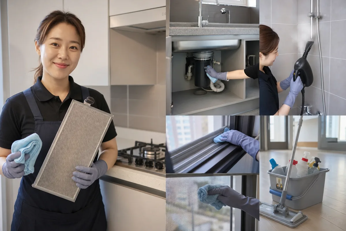 광주입주청소 현장에서 후드필터와 배수구 트랩 등 공간별 청소 항목을 점검하는 모습