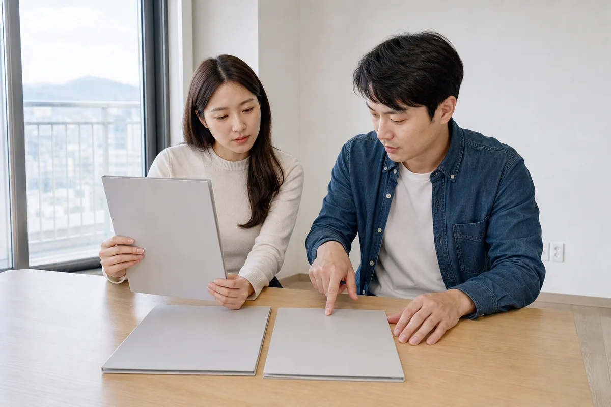 빈 아파트에서 대구입주청소 견적서 세 장을 비교하는 부부