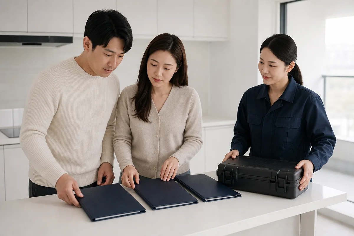 빈 아파트에서 의정부입주청소 견적 자료와 전문 장비를 비교하는 모습