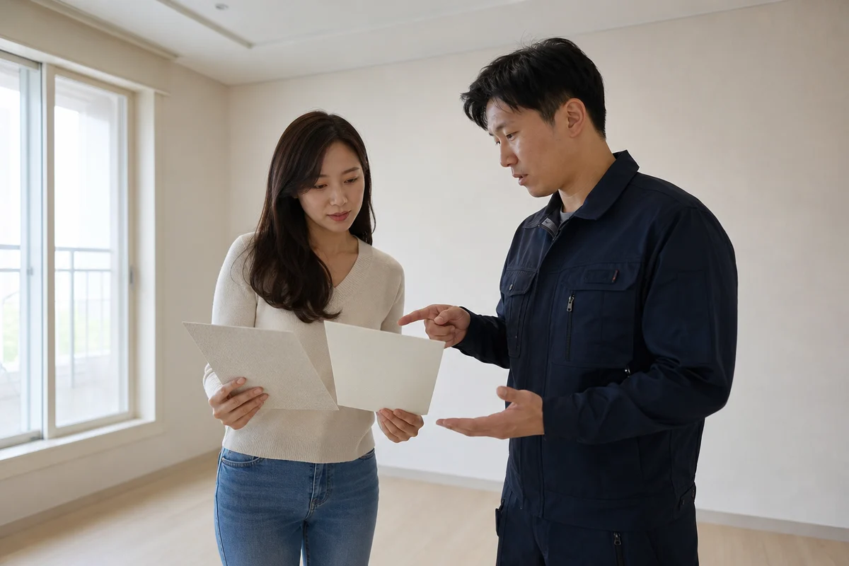 아파트에서 벽지 샘플을 비교하며 도배비용을 상담하는 모습