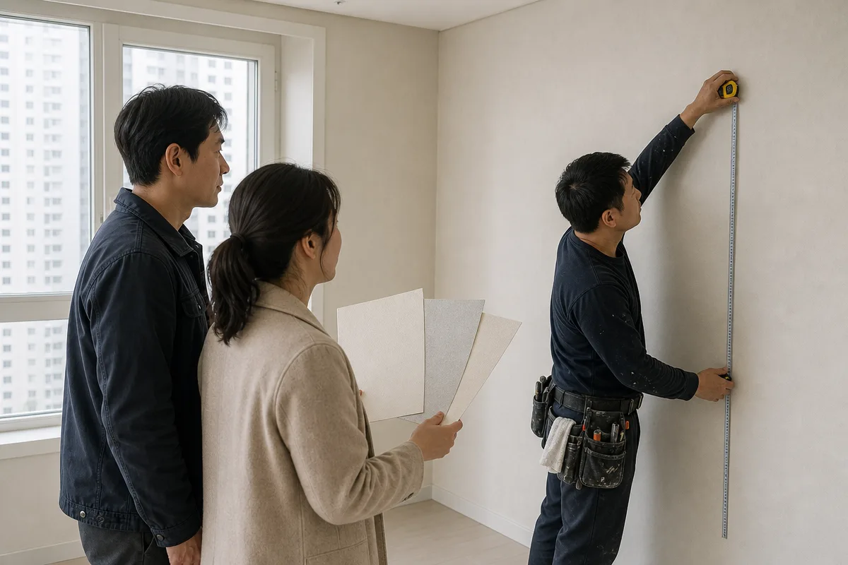 빈 아파트에서 도배비용 비교를 위해 벽지 샘플과 벽면을 확인하는 모습