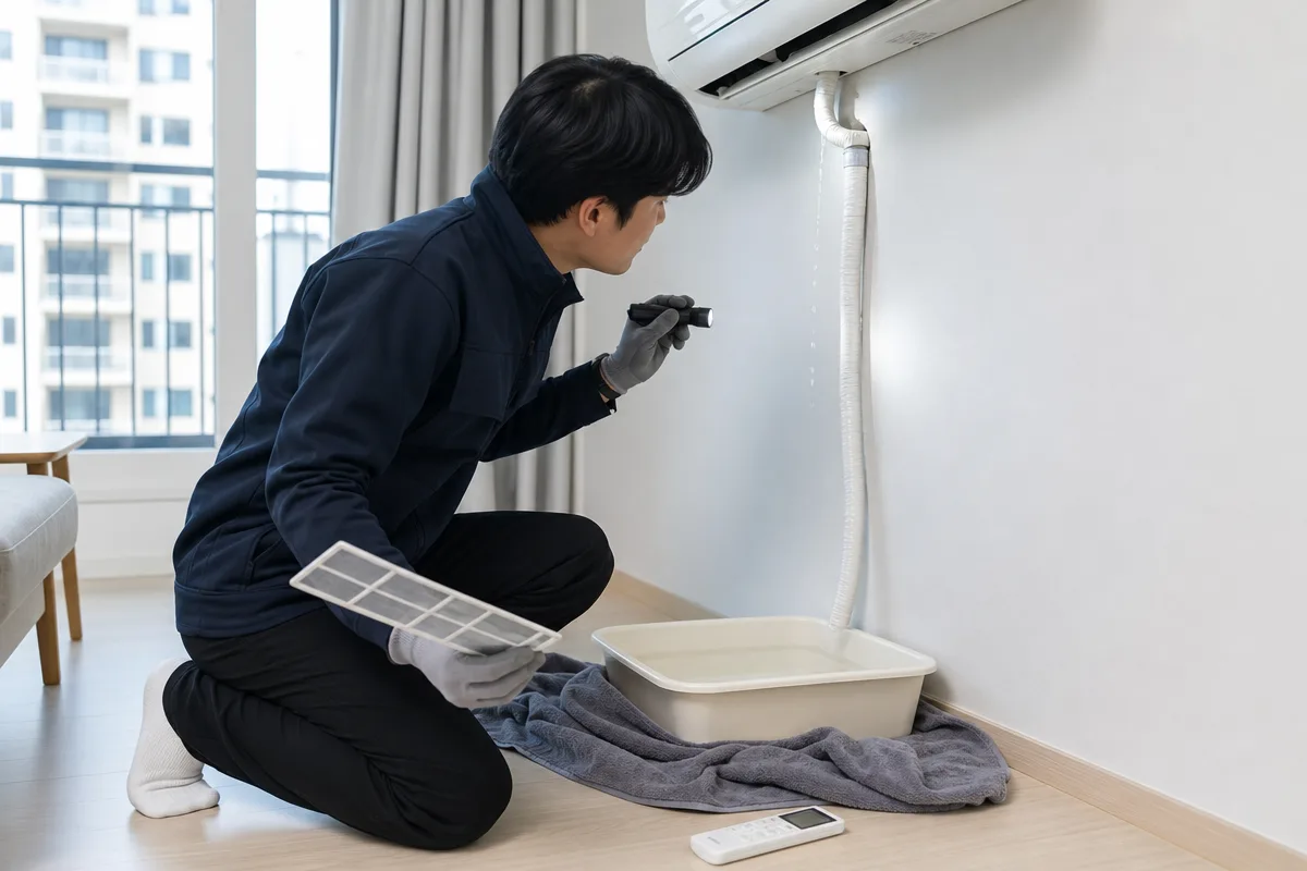 벽걸이 에어컨 필터와 배수호스를 점검하는 에어컨수리 기사
