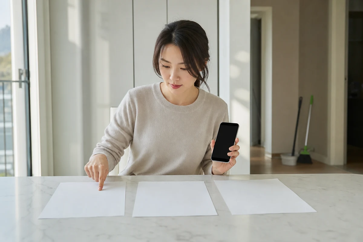 새 아파트에서 인천입주청소 견적서 세 장을 비교하는 고객