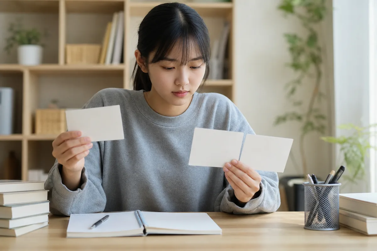 오픽공부법을 위해 공원 걷기 조깅 주제 카드를 묶어 고르는 학습자