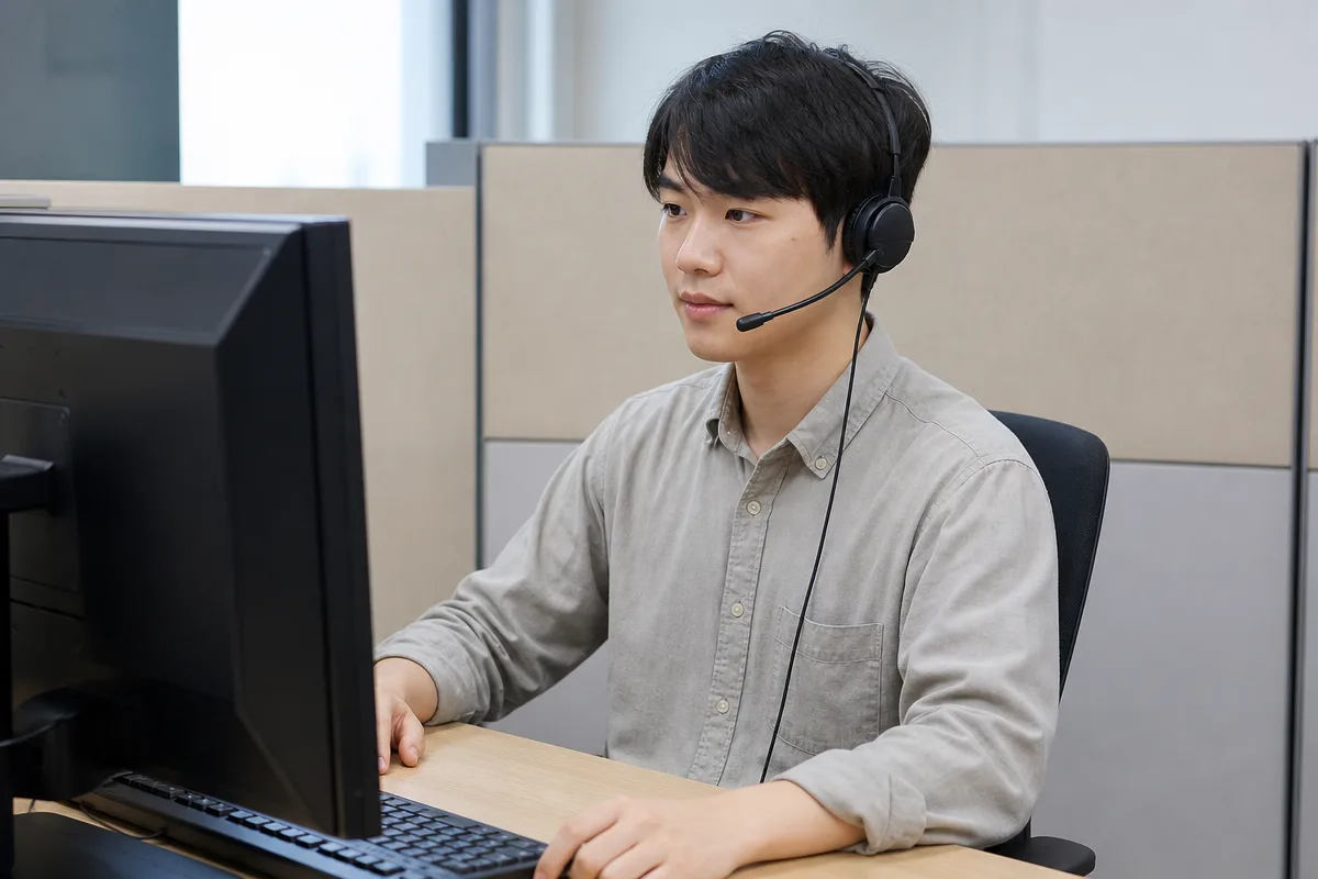 헤드셋 마이크를 쓰고 컴퓨터 앞에서 토익스피킹 시험을 준비하는 응시자