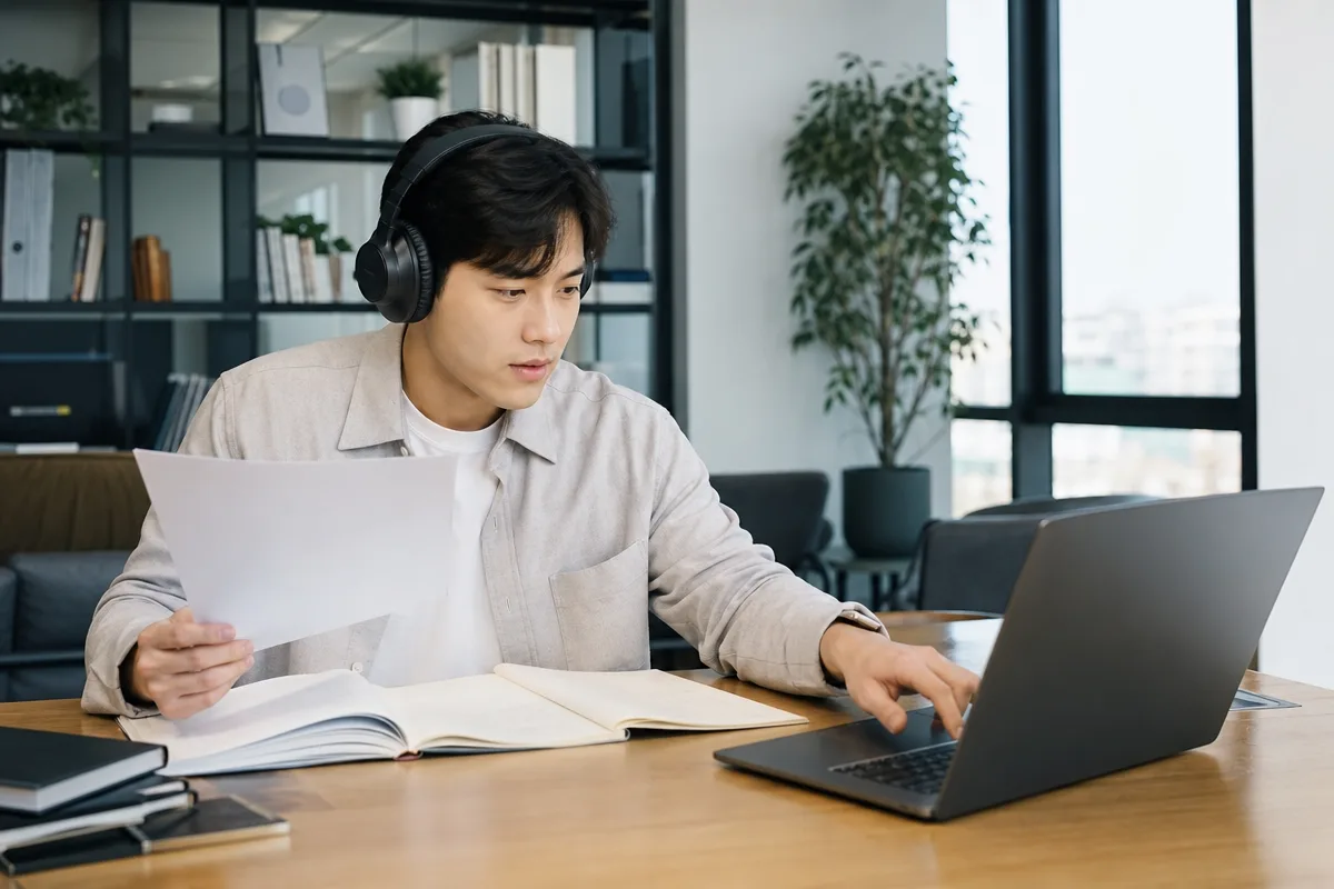 헤드폰을 쓰고 학습 자료와 노트북으로 토익시험을 준비하는 직장인