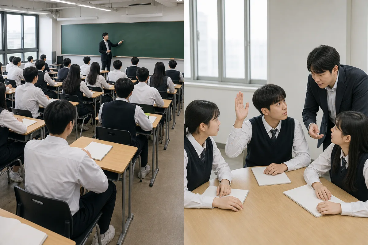 대형 강의와 소수정예 수업을 비교하는 고등수학학원 교실 장면