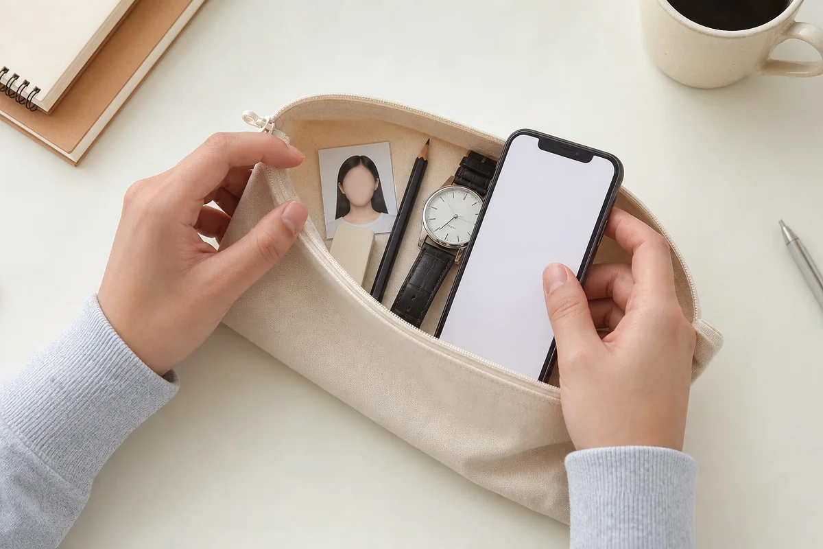 책상 위 파우치에 신분증과 필기구 등 토익준비물을 정리하는 모습