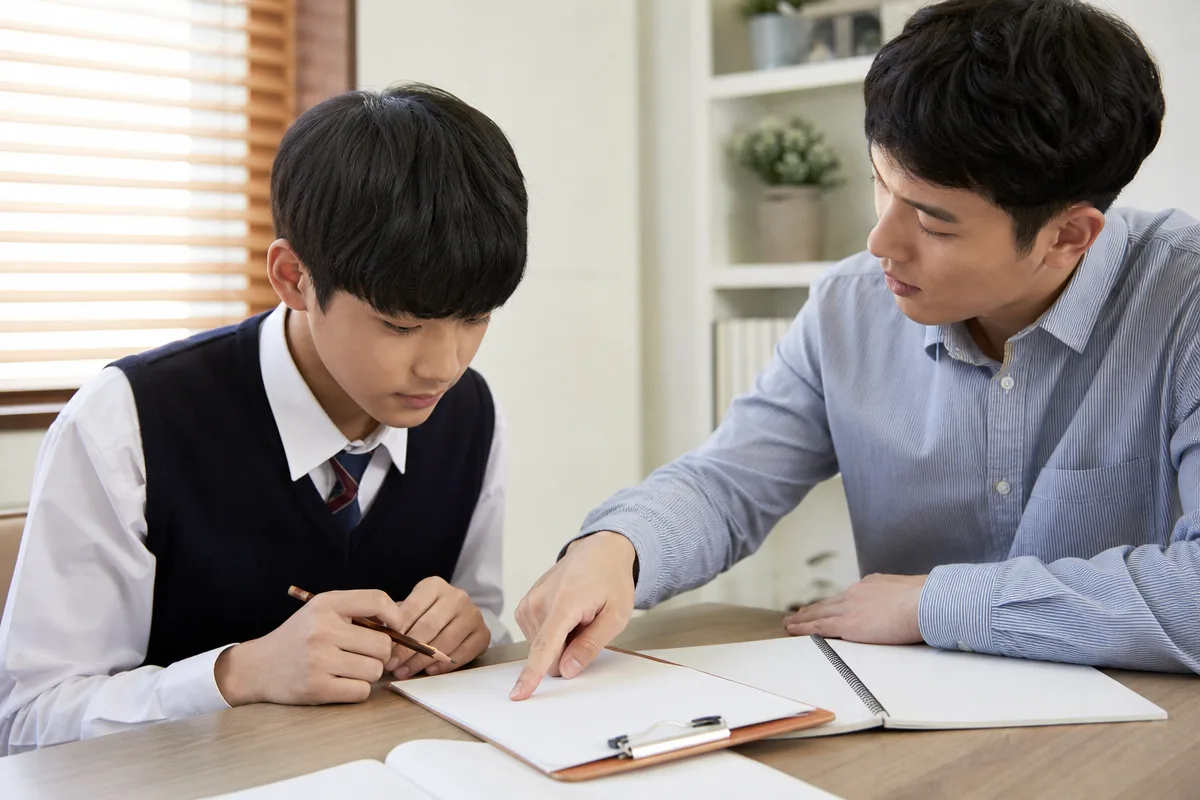 고3국어과외 선택 전 학생과 교사가 학습 자료를 보며 상담하는 모습