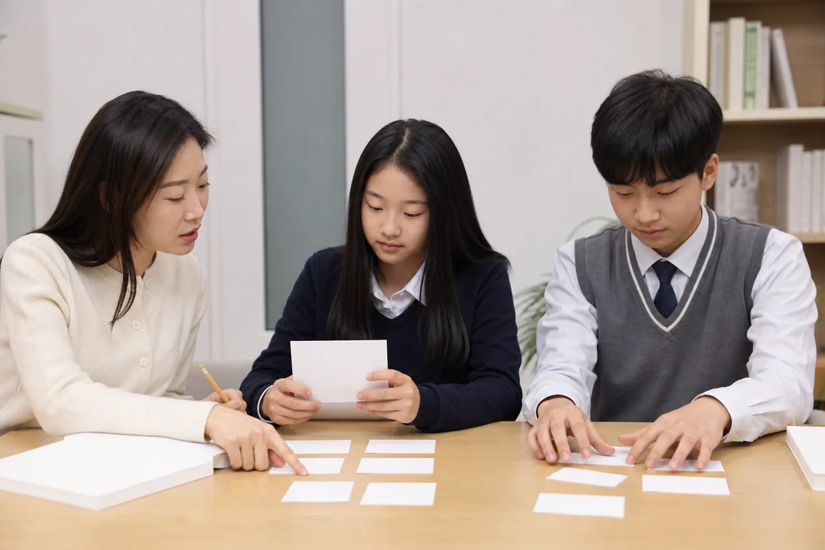 국어과외 교사가 중학생과 고등학생에게 독해 구조와 문법 기초를 지도하는 모습