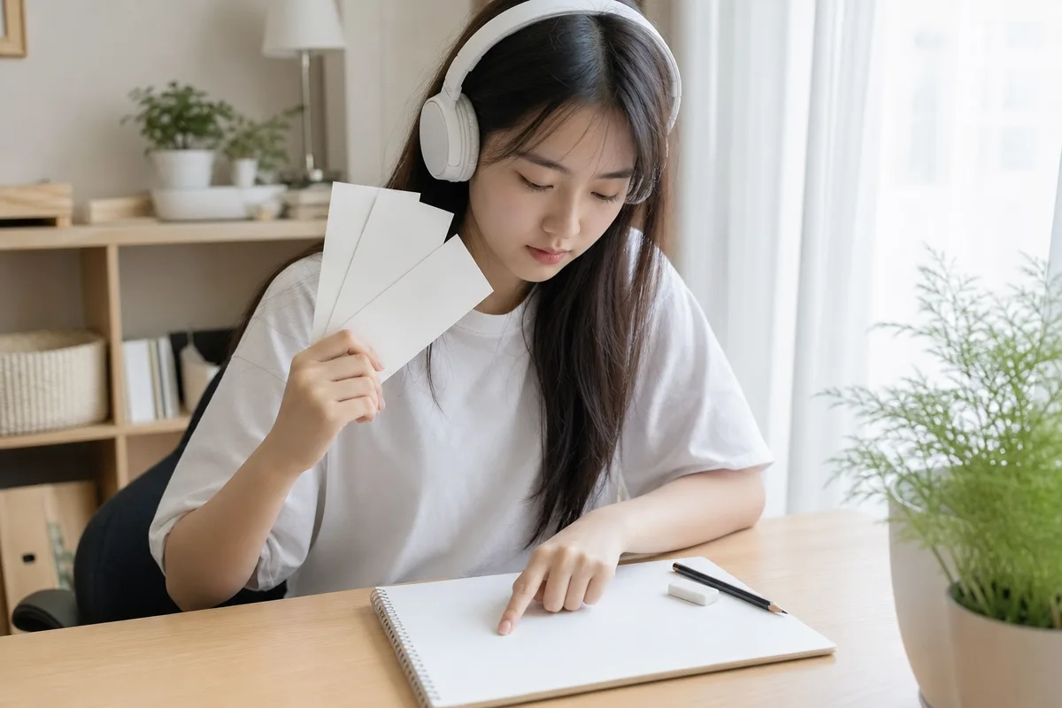 토익공부법을 위해 헤드폰을 쓰고 빈 단어 카드와 문제지를 정리하는 학습자