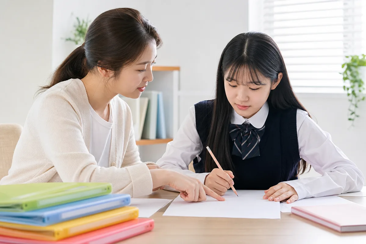교사와 학생이 학습 자료를 보며 수능국어과외 전략을 상담하는 모습