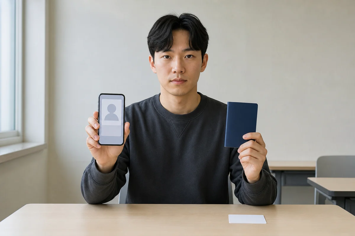 토익준비물로 모바일 신분증과 유효 여권을 확인하는 응시자