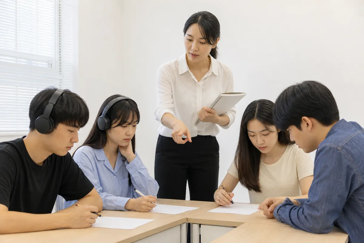 소규모 토익학원 수업에서 강사와 학생들이 듣기와 문제 풀이를 함께 점검하는 모습