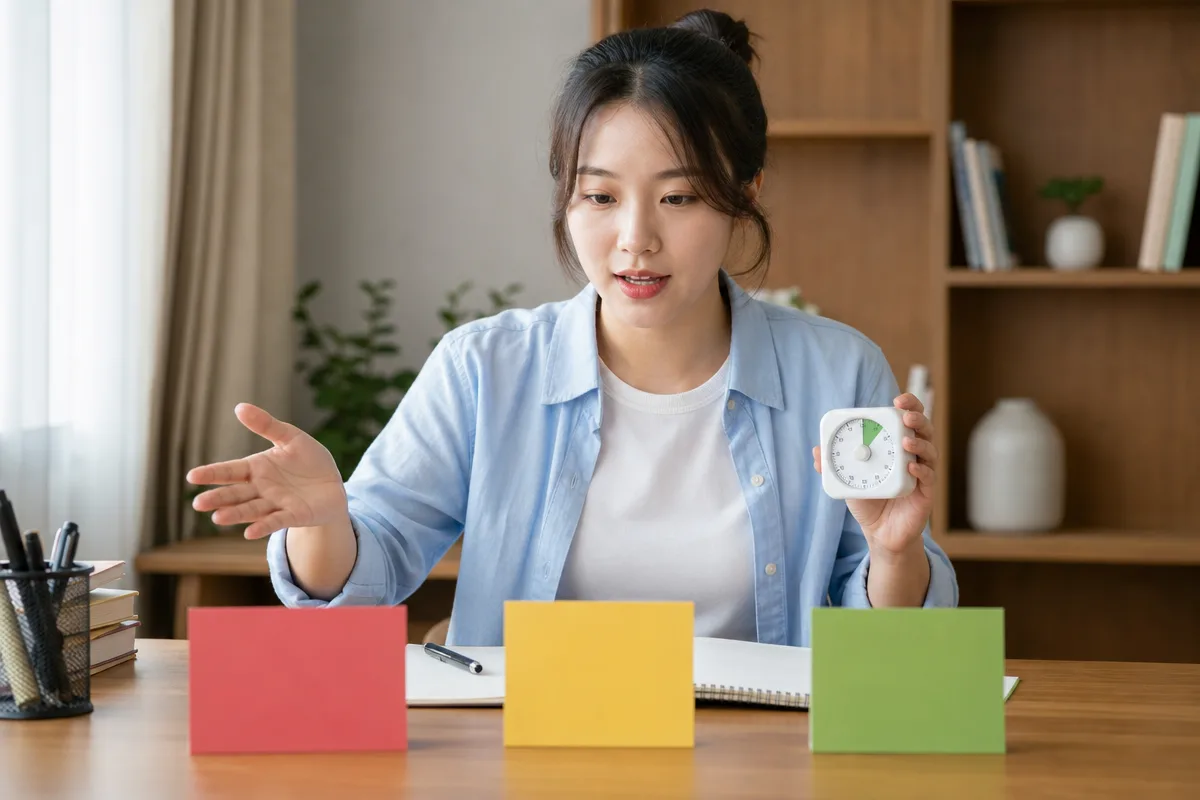 타이머를 보며 답변 연습하는 모습으로 토익스피킹레벨별 실력 차이를 표현