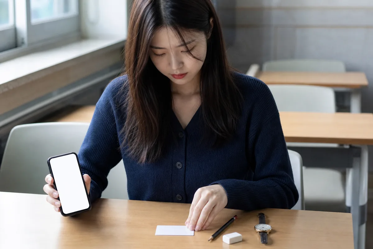 토익시험 전 책상에서 신분증 연필 지우개 시계와 모바일 수험표를 확인하는 모습