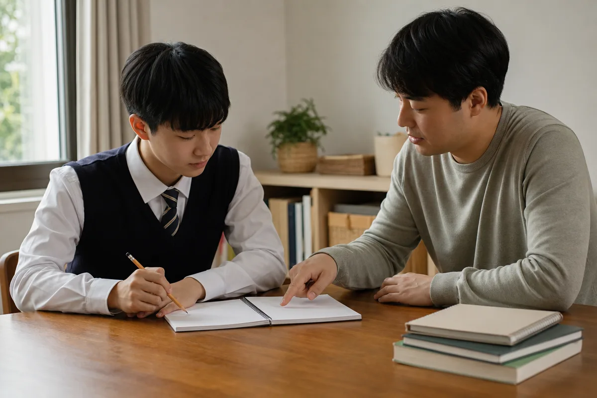 교사가 학생의 학습 수준에 맞춰 국어과외 수업을 진행하는 모습