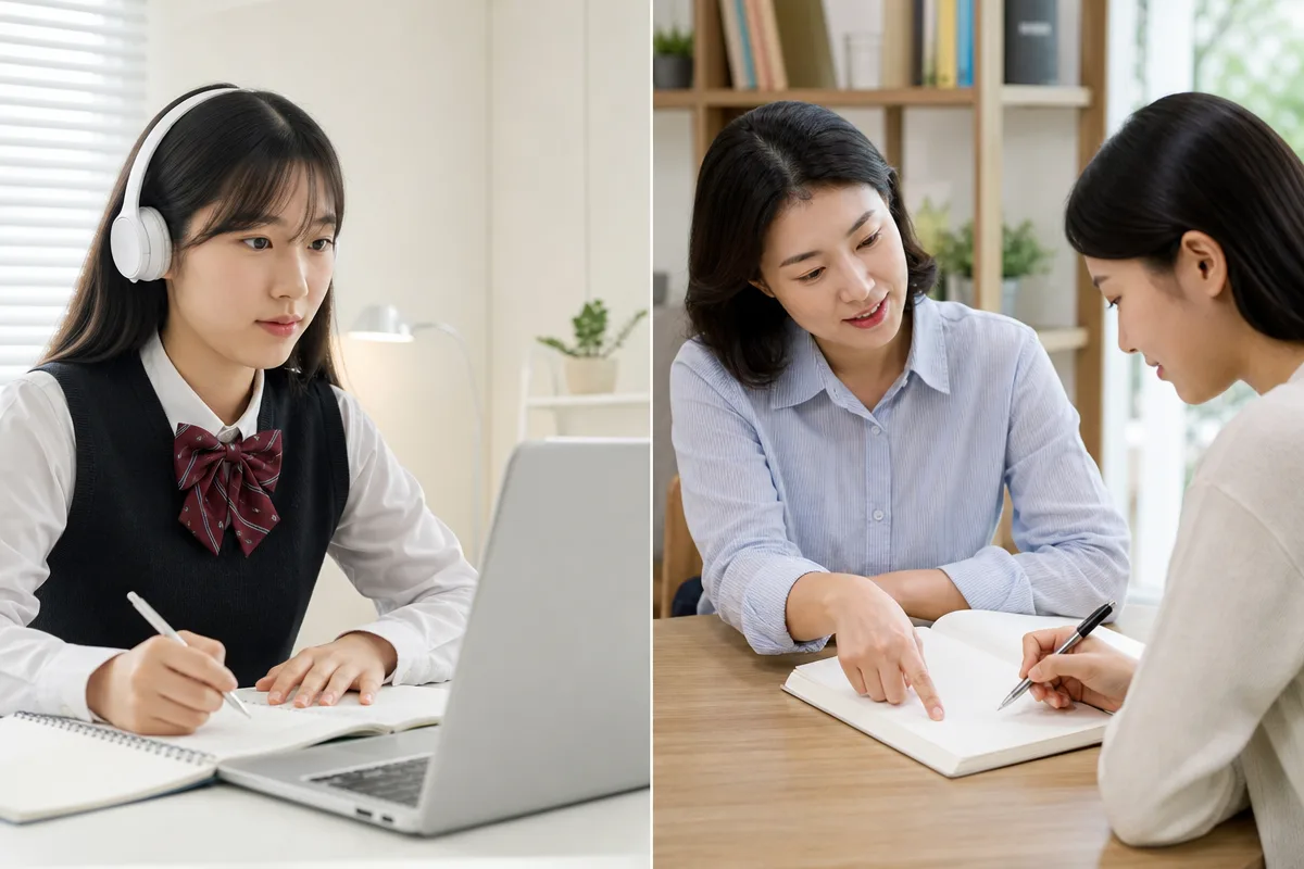 온라인과 대면 고3국어과외에서 교사와 학생이 각각 학습 피드백을 나누는 모습