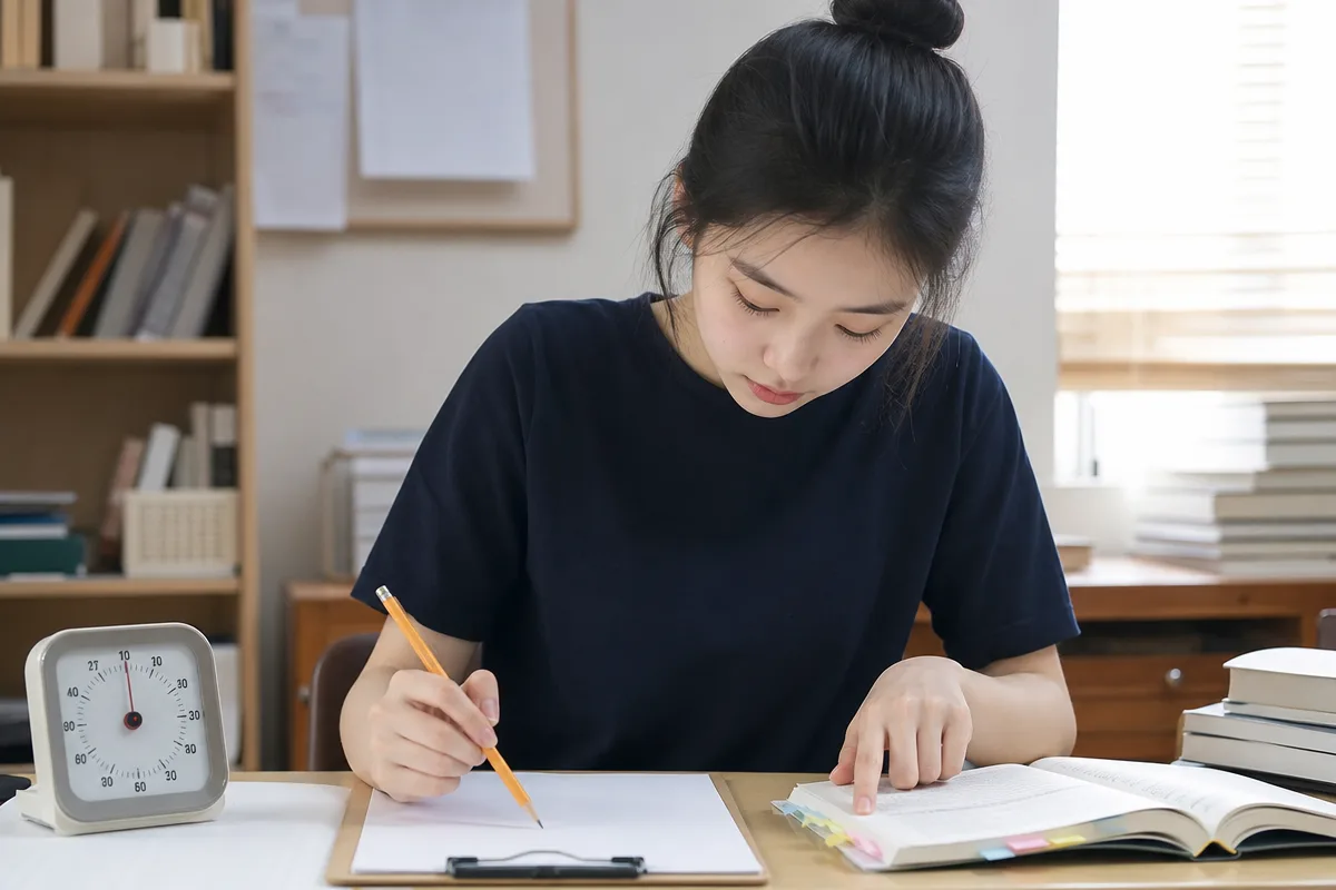 토익공부법을 위해 오답노트와 답안지를 보며 모의고사를 푸는 수험생