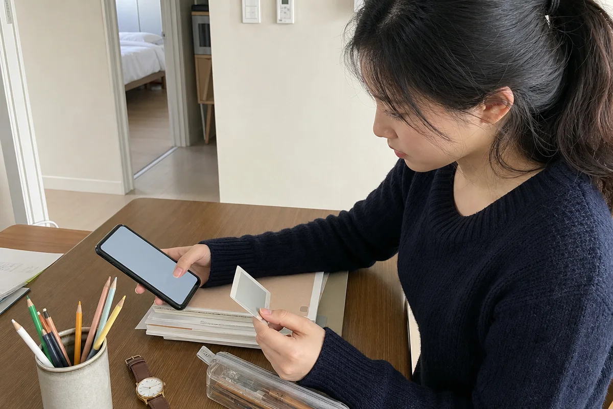 토익준비물로 신분증과 필기구를 챙기며 모바일 화면을 확인하는 수험생