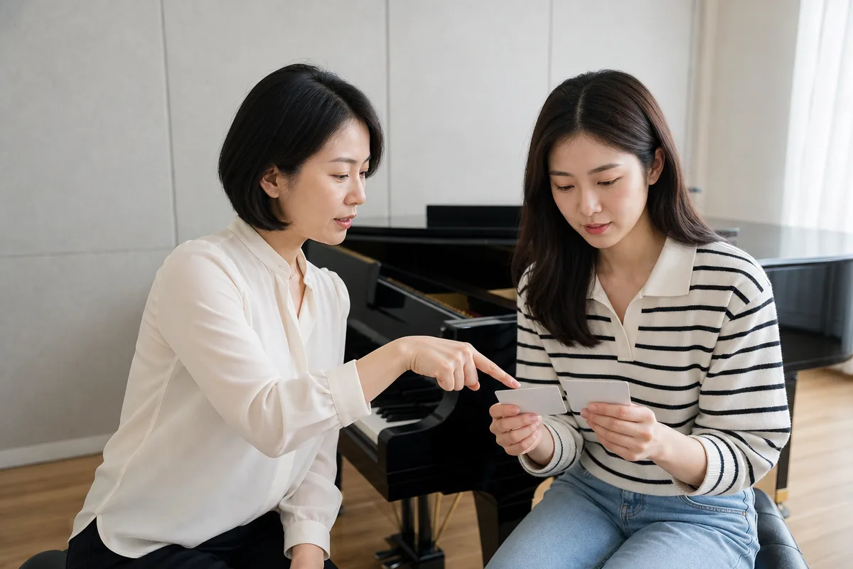 피아노 스튜디오에서 보컬레슨 수강 비용을 상담하는 강사와 수강생