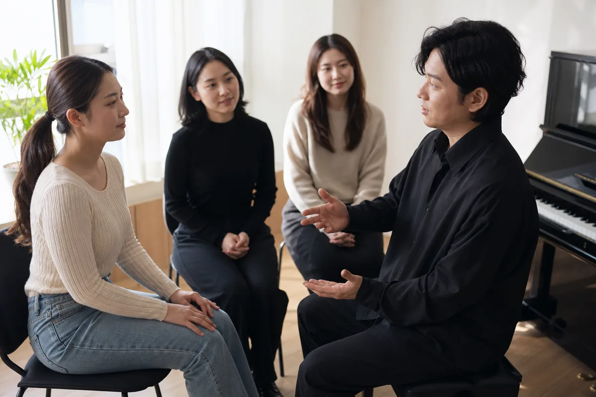 보컬레슨에서 강사가 수강생을 지도하고 취미반 수강생들이 관찰하는 모습