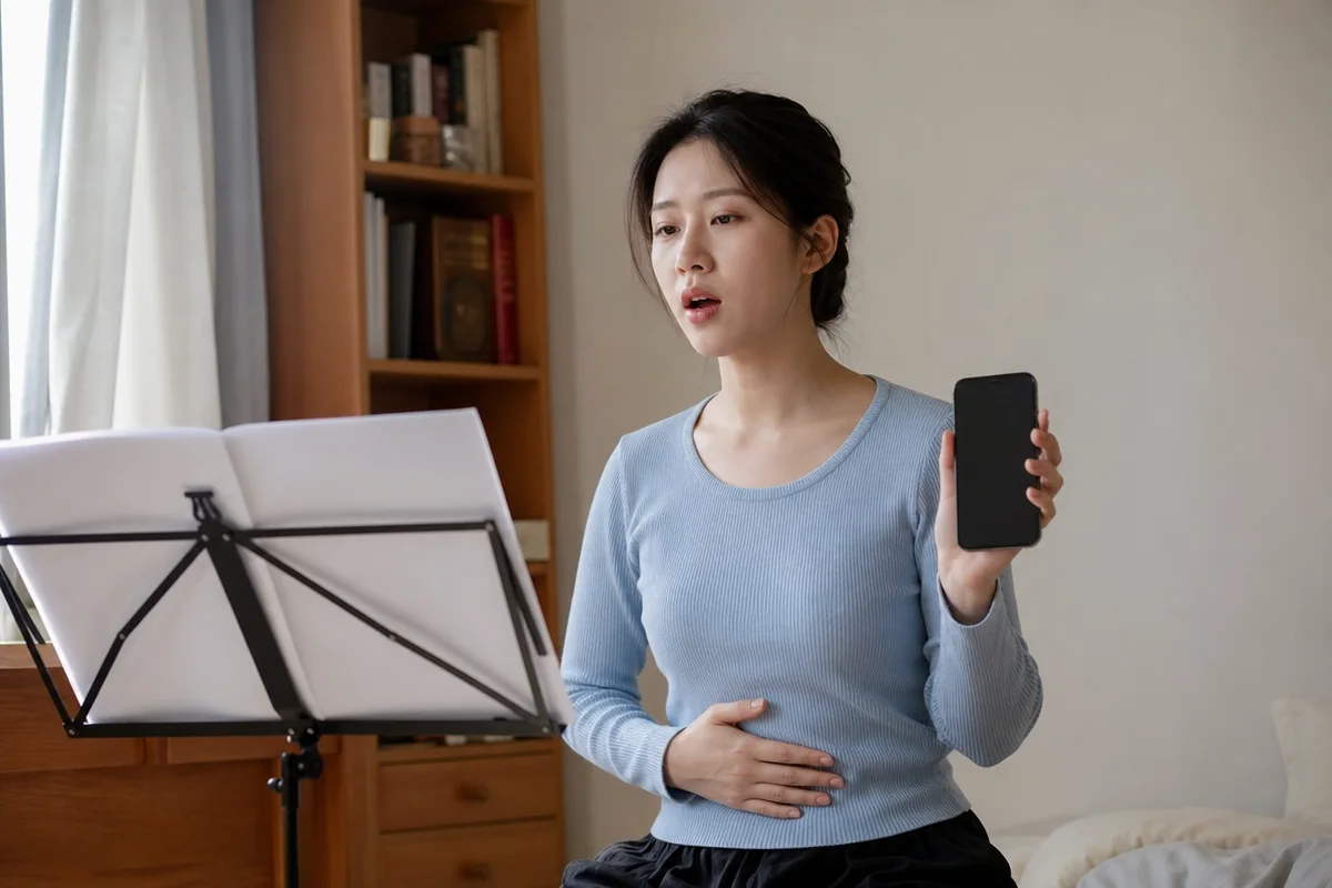 집에서 녹음하며 복식호흡을 연습하는 보컬레슨 수강생