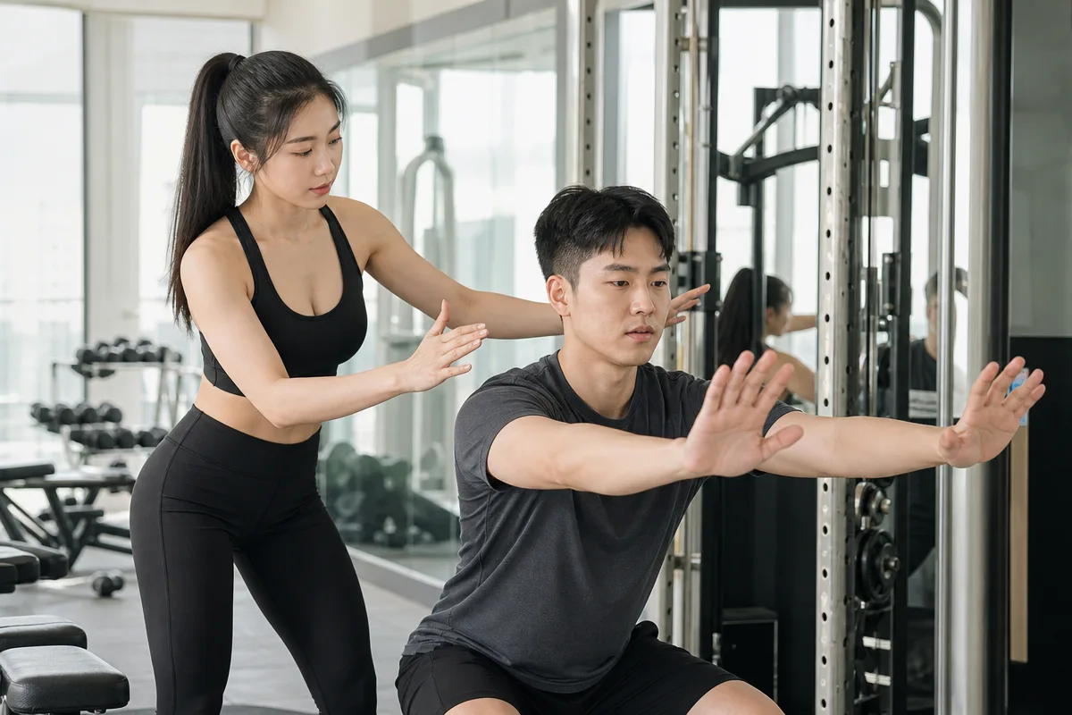 퍼스널 트레이너가 회원의 스쿼트 자세를 실시간으로 지도하는 PT 장면