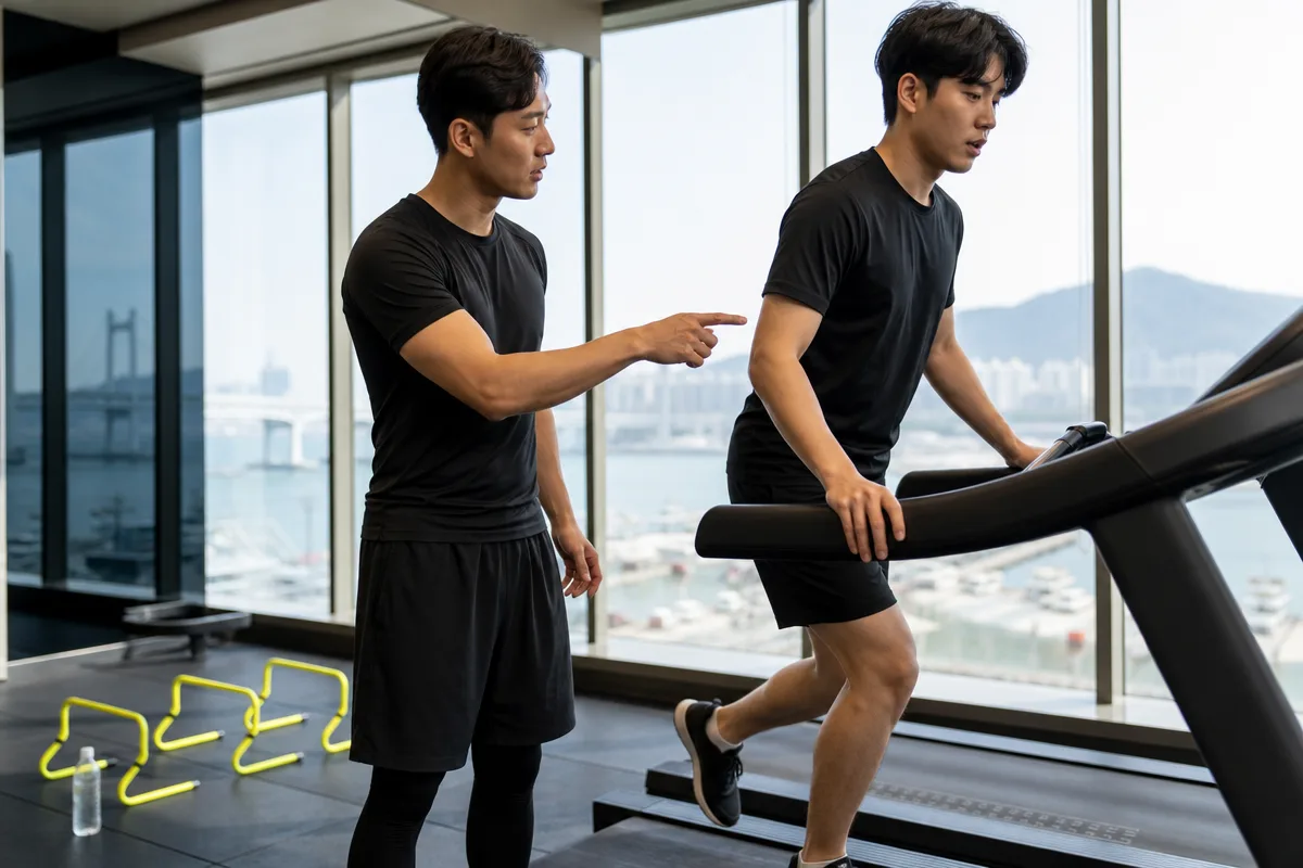 부산달리기레슨에서 코치가 트레드밀 위 수강생의 자세를 실시간으로 지도하는 모습