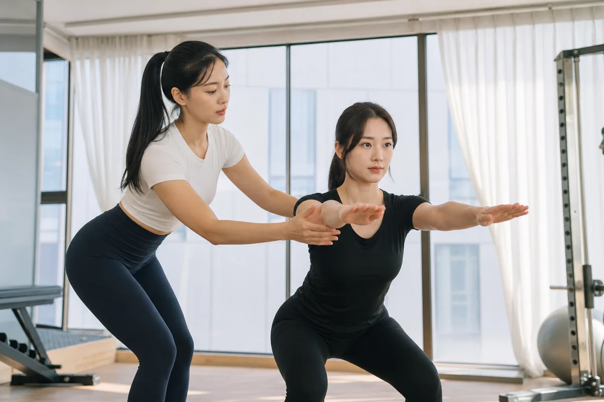 트레이너가 운동 초보자에게 스쿼트 자세를 지도하는 헬스PT 장면