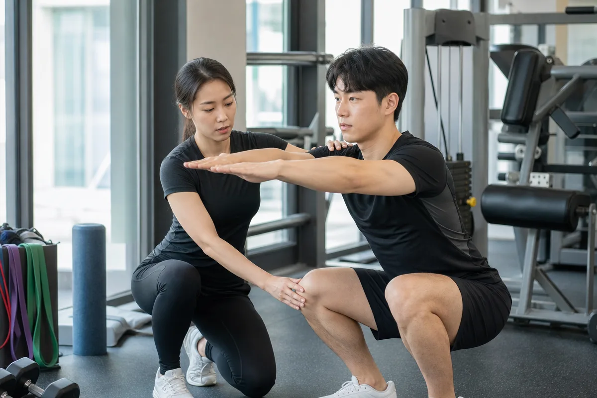 트레이너가 회원의 스쿼트 자세를 교정하며 PT 신체 평가를 진행하는 모습