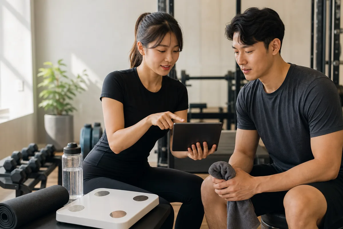 프라이빗 스튜디오에서 피티가격 구성 요소를 상담하는 트레이너와 회원