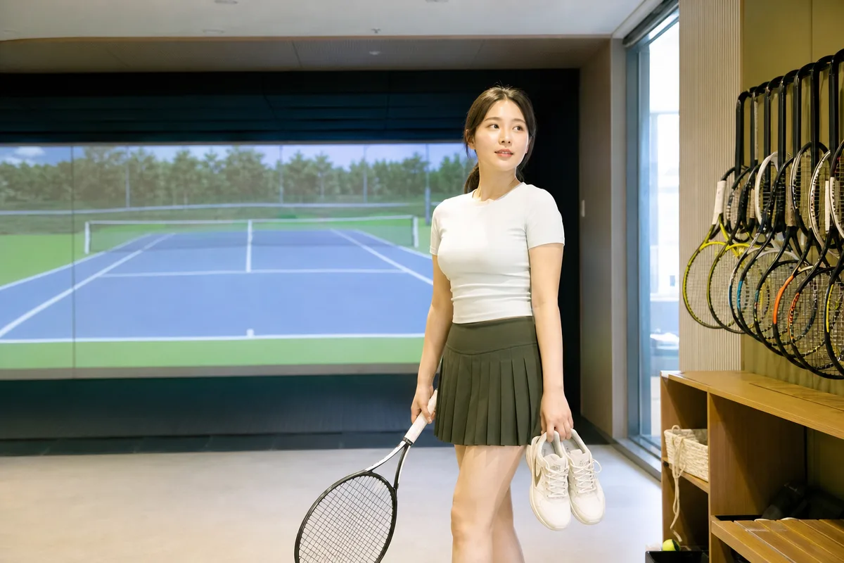 실내 스크린 테니스장에서 대여 라켓과 운동화를 확인하는 초보자의 모습