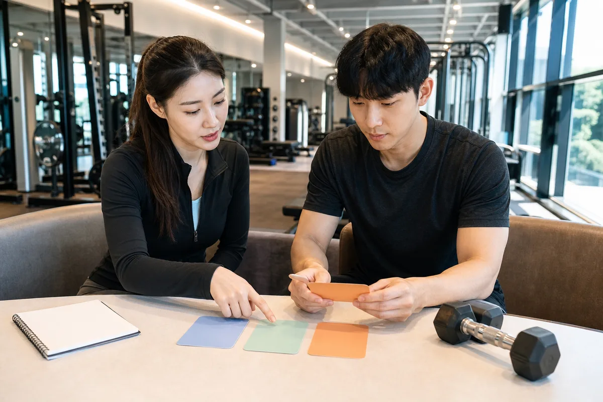 헬스PT 가격 비교를 위해 트레이너와 회원이 운동 횟수별 카드를 살펴보는 모습