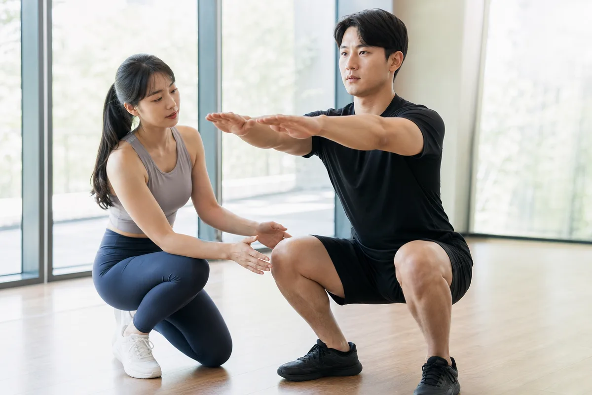 트레이너가 스쿼트 자세를 교정하며 PT 효과를 안내하는 장면