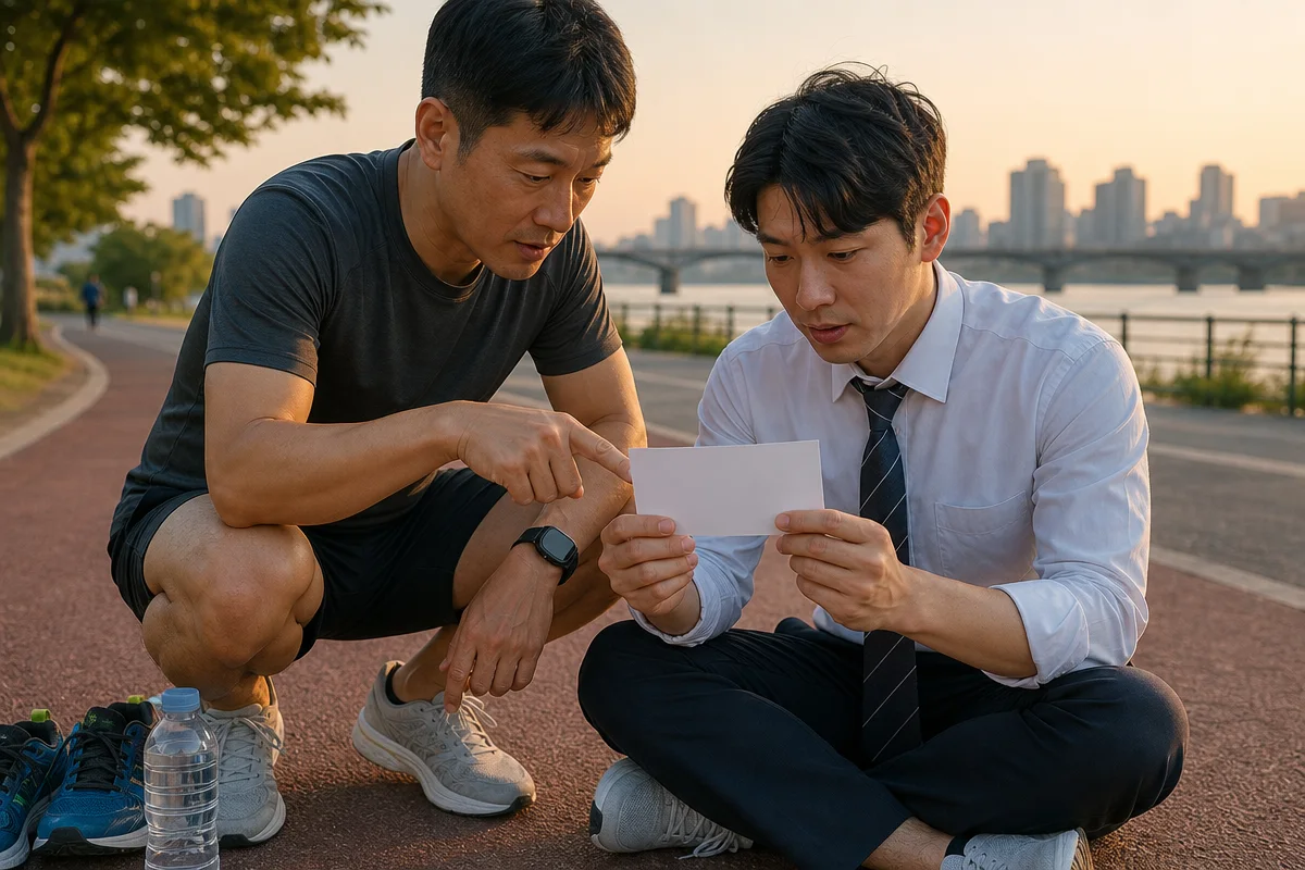 한강 공원에서 코치와 수업 일정을 상담하는 달리기 레슨 서울 참가자