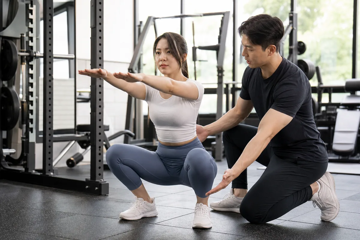 헬스PT 트레이너가 회원의 스쿼트 자세를 구체적으로 피드백하는 모습