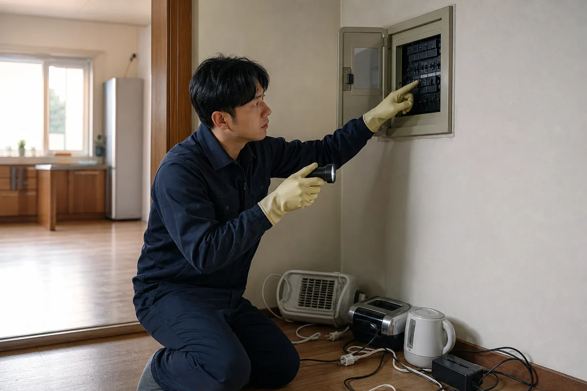 차단기와 분리한 플러그를 점검하는 전기수리업체 기사