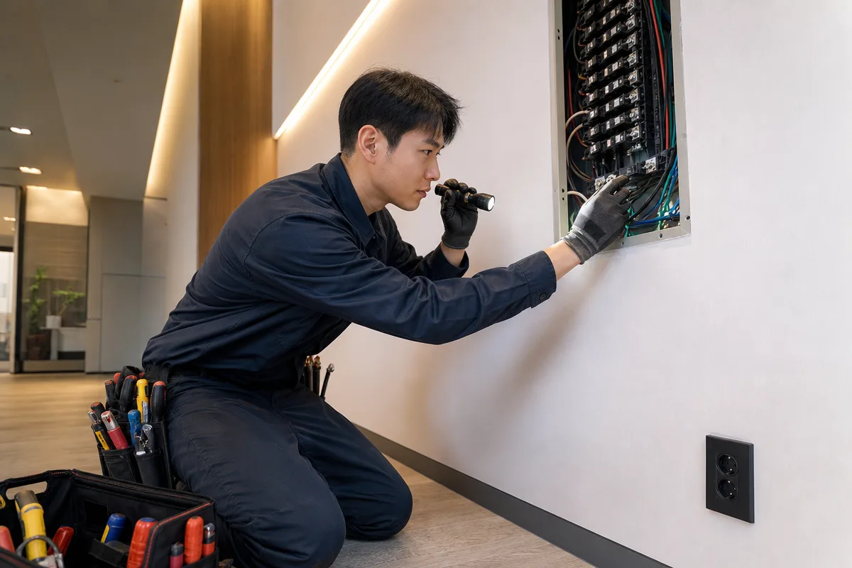 광주전기공사업체 선정 전 전기 패널과 배선 상태를 점검하는 전기기사
